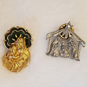 SET of 2 Vintage Religious Lapel Pins, Mary with Child and Pewter Nativity, EUC